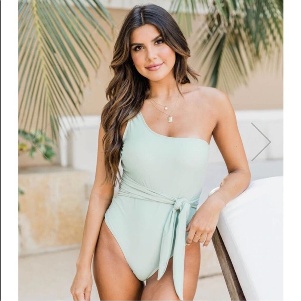Pink Lily Pastel Mint Green One Shoulder Waist Tie One Piece Swim 3X